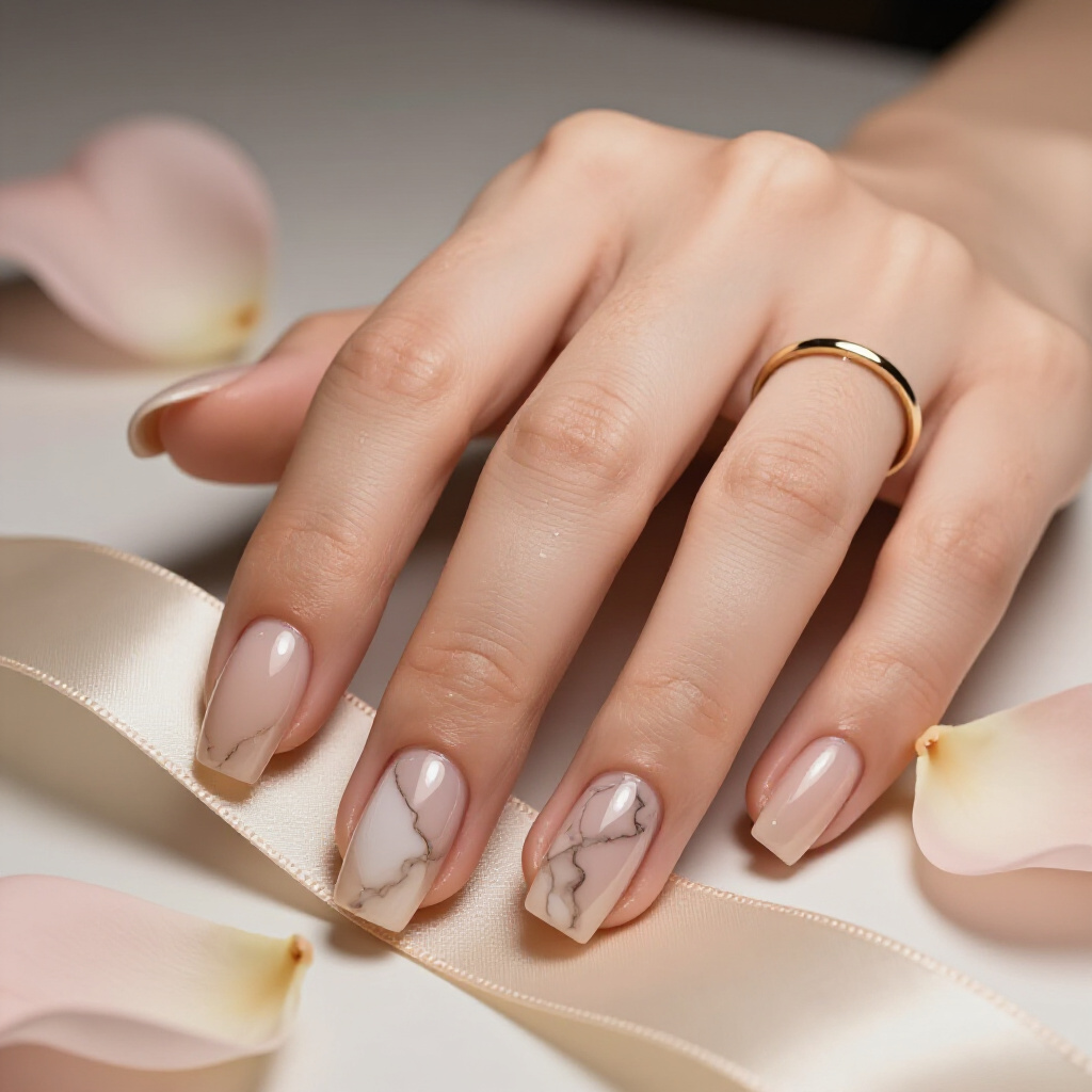 Nude and Cream Marble with a Hint of Shimmer on Short Oval Nails - short marble nails Nude and Cream Marble with a Hint of Shimmer on Short Oval Nails - short marble nails