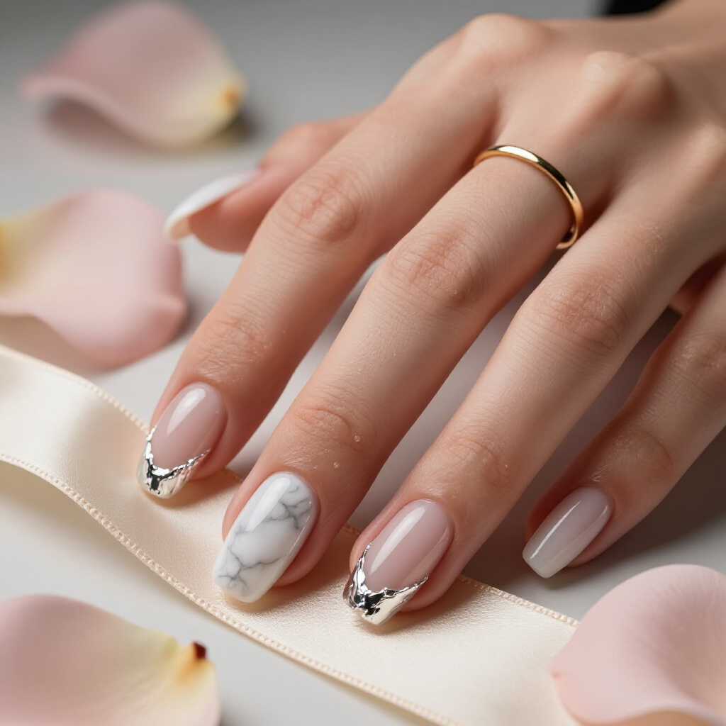 Deep Emerald Green Marble with Gold Flakes on Short Oval Nails - short marble nails Deep Emerald Green Marble with Gold Flakes on Short Oval Nails - short marble nails