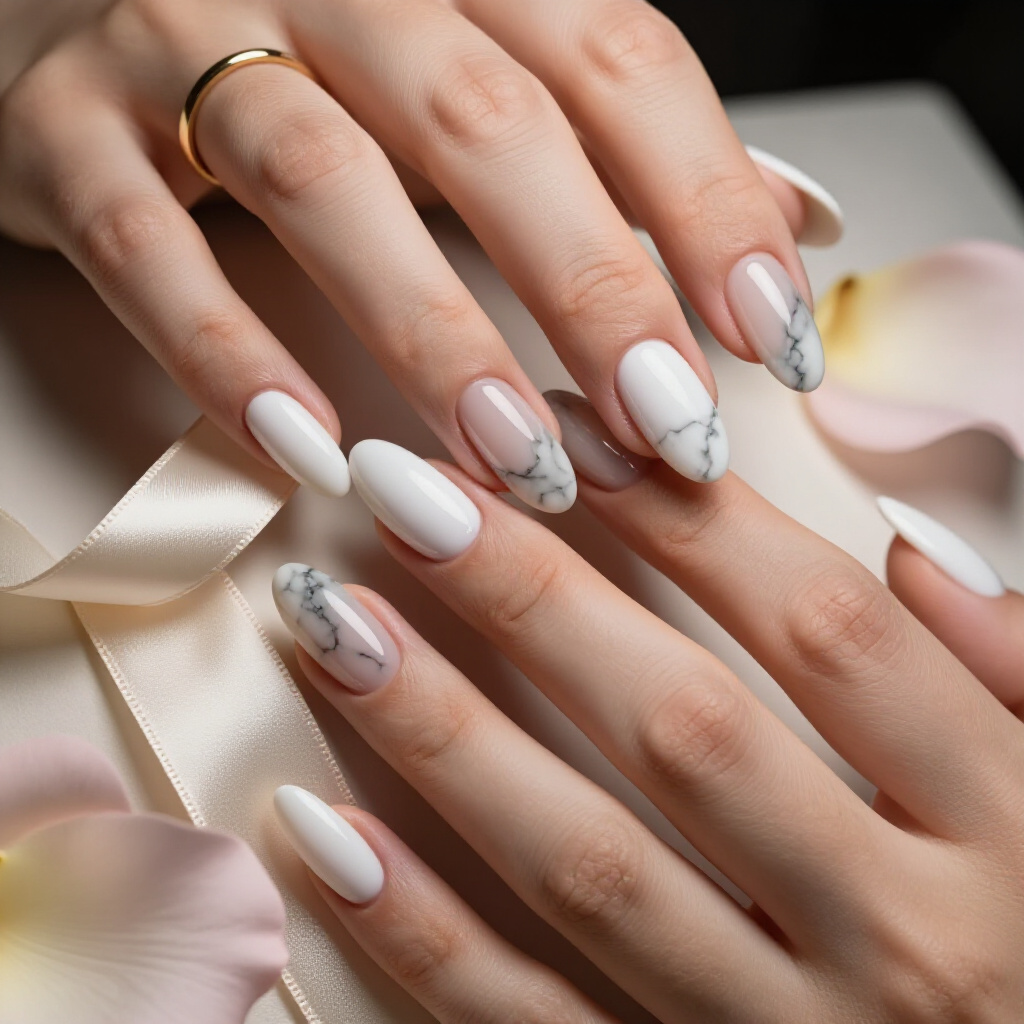 Soft Pastel Pink and White Marble with a Touch of Gold Flake Elegance - almond marble nails Soft Pastel Pink and White Marble with a Touch of Gold Flake Elegance - almond marble nails