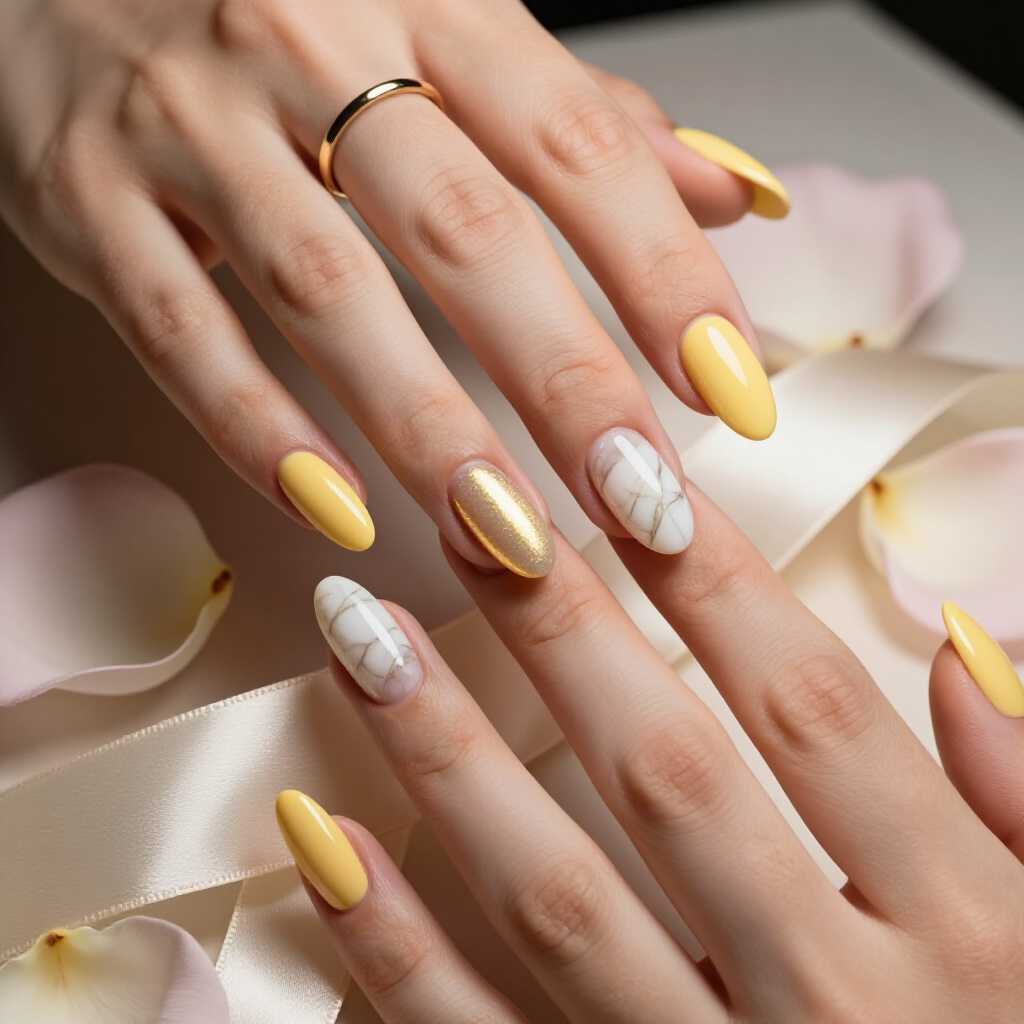 Classic White and Gold Marble for Timeless Sophistication on Almond Nails - almond marble nails Classic White and Gold Marble for Timeless Sophistication on Almond Nails - almond marble nails