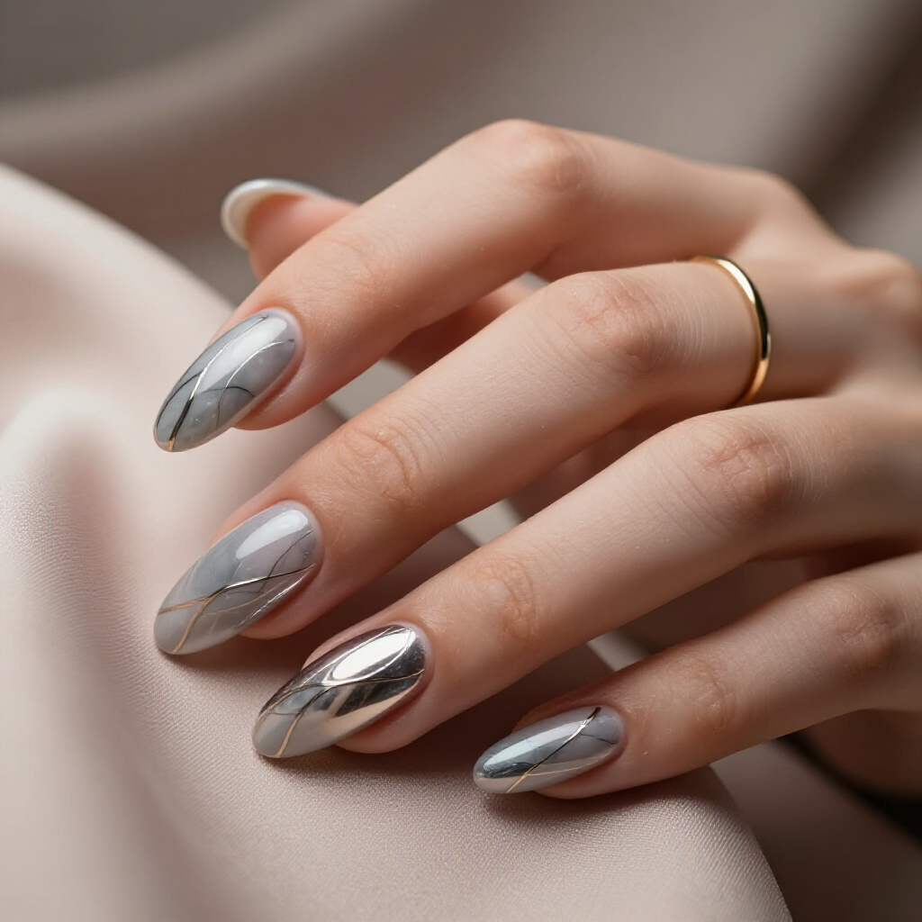 Subtle Nude and White Marble with a Delicate French-Inspired Twist - almond marble nails Subtle Nude and White Marble with a Delicate French-Inspired Twist - almond marble nails