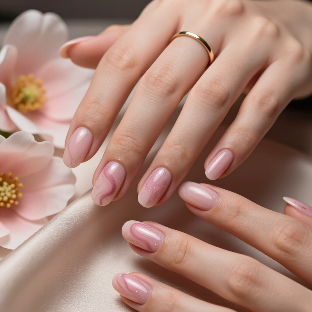 Milky Pastel Pink Marble with a Subtle Holographic Sheen - pink short marble nails Milky Pastel Pink Marble with a Subtle Holographic Sheen - pink short marble nails