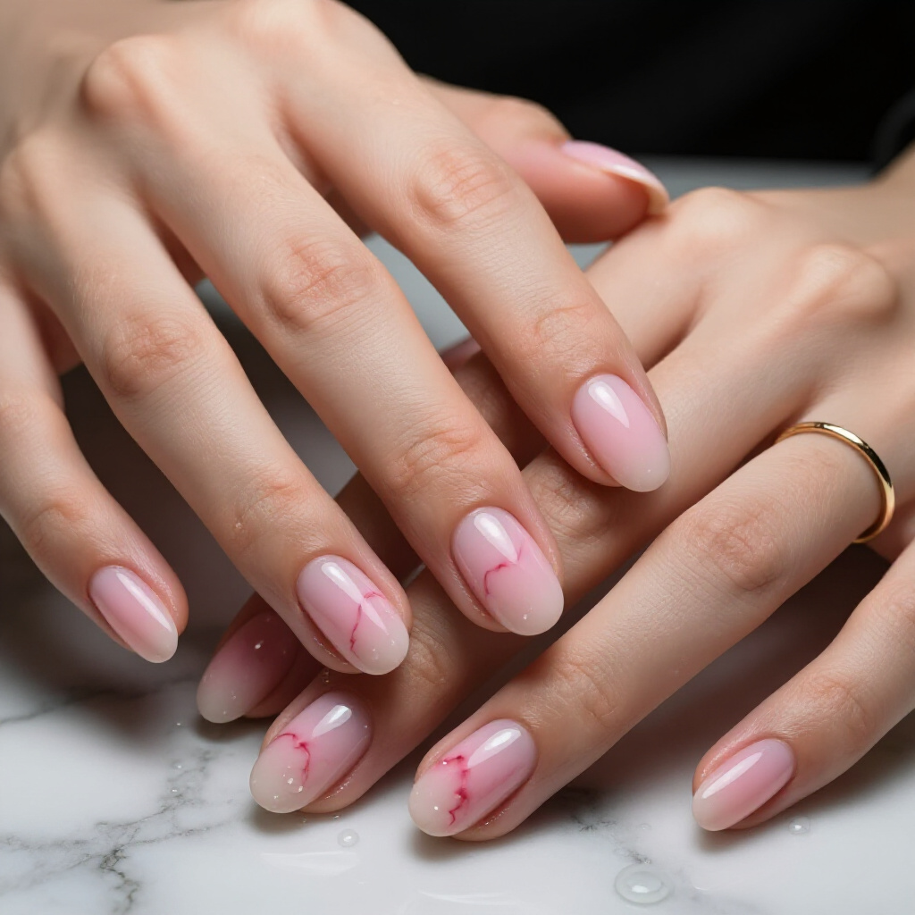 Sheer Baby Pink Marble with a Matte Velvet Finish - pink short marble nails Sheer Baby Pink Marble with a Matte Velvet Finish - pink short marble nails