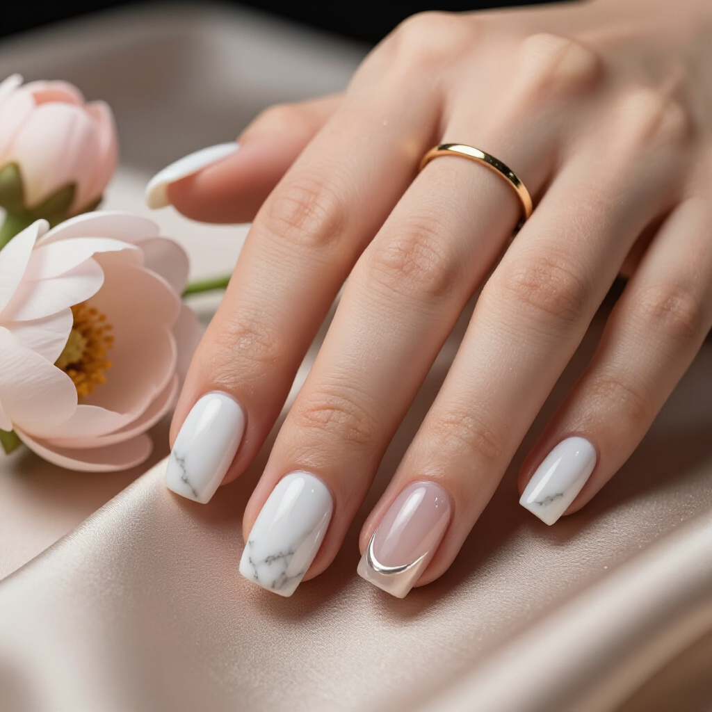 Chic & Modern Abstract Swirls With Gold Foil Accents on Short Almond Nails - white short marble nails