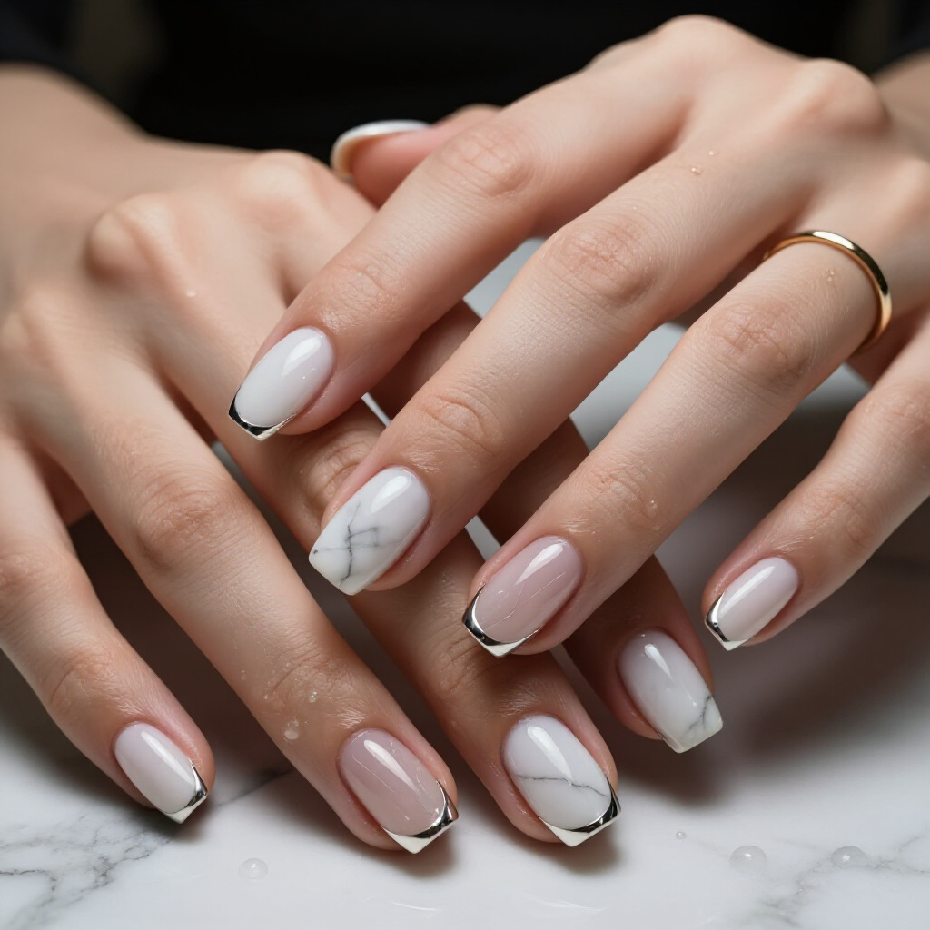 Delicate Rose Gold Swirls Adding a Romantic Touch to Short Round Nails - white short marble nails