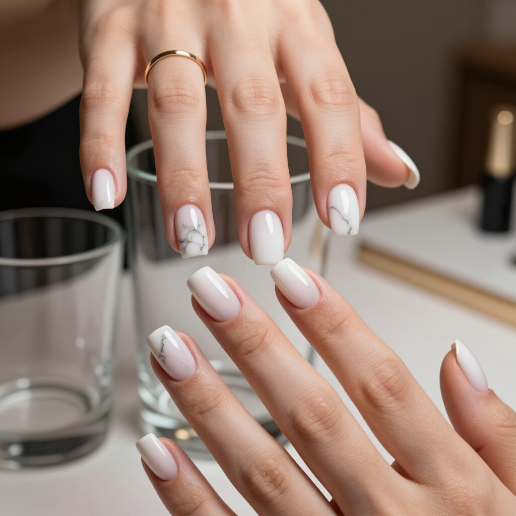 Tiny Speckled Details Mimicking Natural Stone on Short Stiletto Nails - white short marble nails