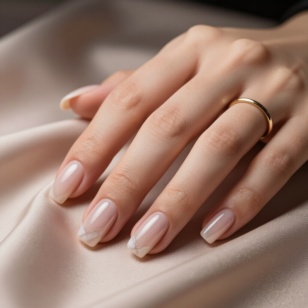 Bold Black and White Veining on a Soft Nude Canvas for a Dramatic Statement - nude short marble nails