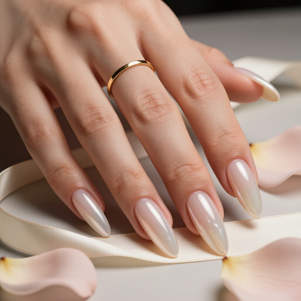 Peachy Nude Base with White and Rose Gold Marble Accents - nude short marble nails