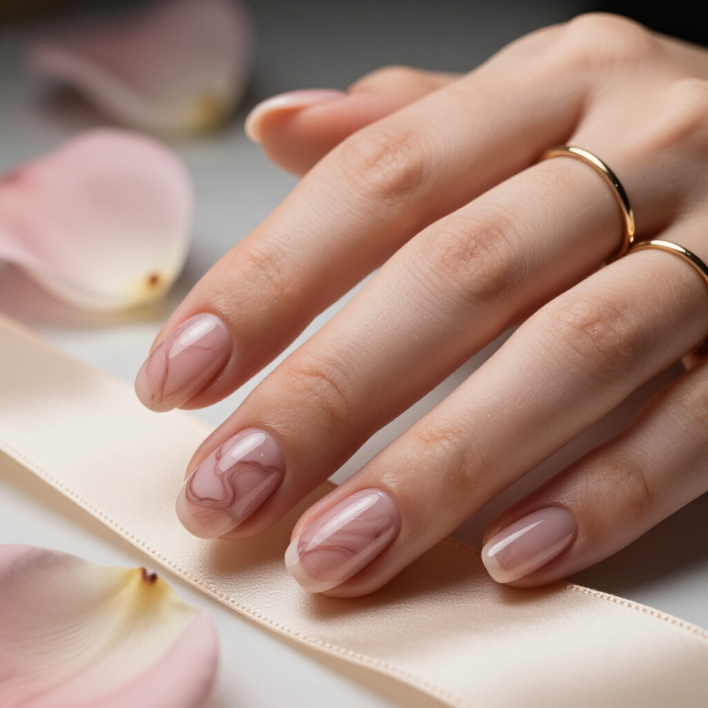 Natural Nude Base with Subtle Grey and Pink Marble for Everyday Chic - nude short marble nails