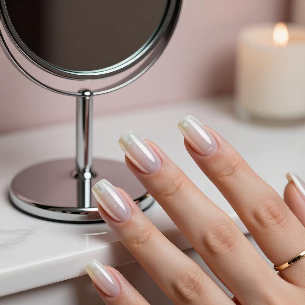 Short Rounded Nails with Delicate Nude and White Marble Florals - nude short marble nails