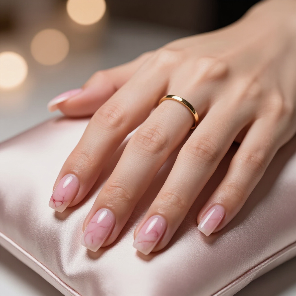Chic Rose Gold Swirls on a Soft Pink Base: The Ultimate Modern Elegance - pink short classy marble nails