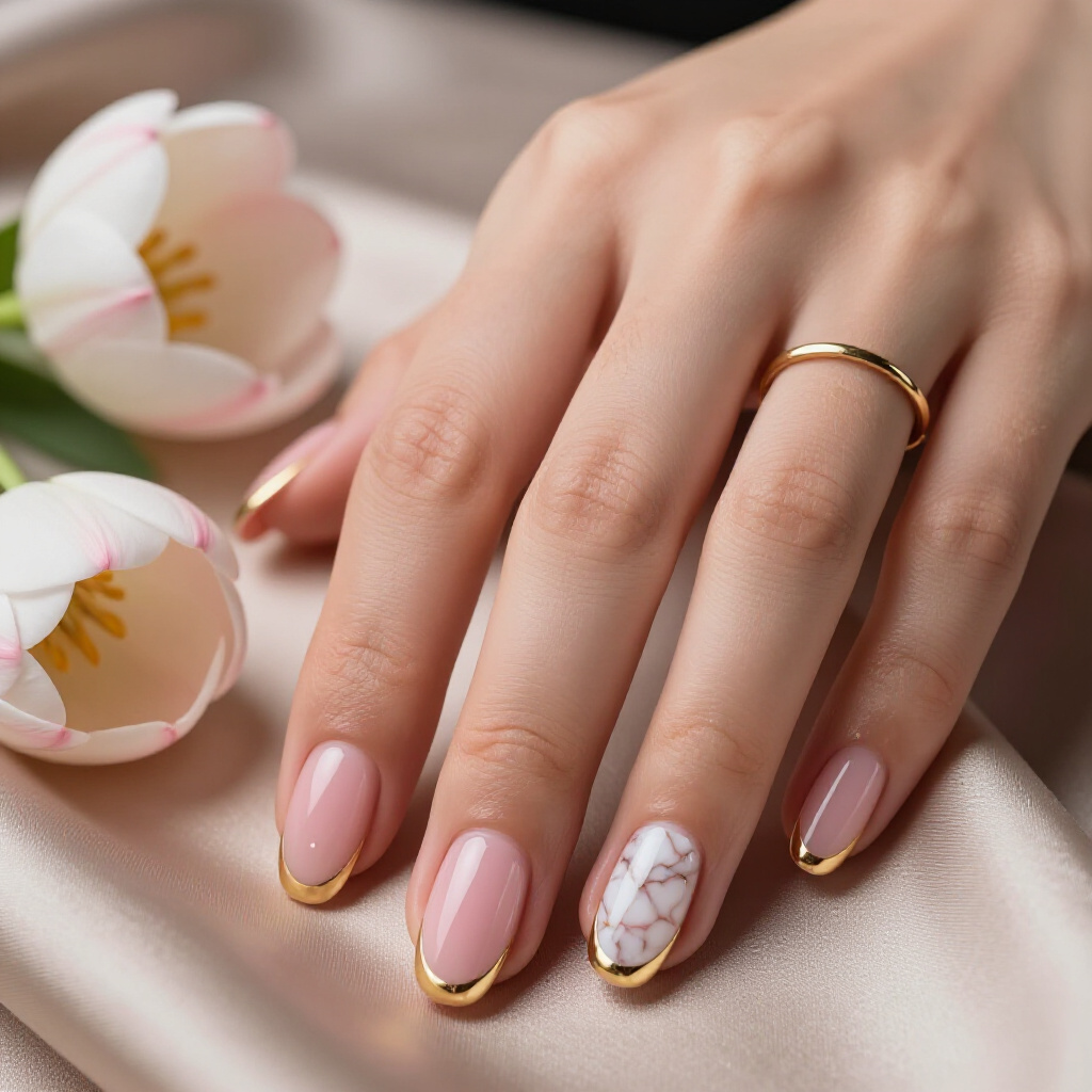 Ballet Slipper Pink with White Veining: A Dreamy, Delicate Marble Effect - pink short classy marble nails