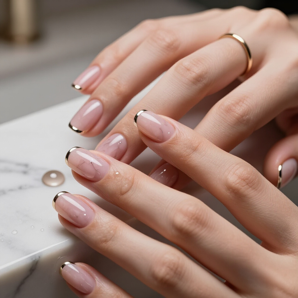 Soft Pastel Pink with Gold Flakes: A Touch of Subtle Glamour - pink short classy marble nails