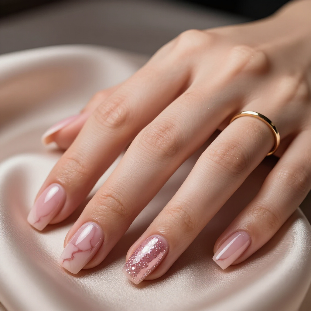 Peachy Pink Marble with Rose Gold Chrome Accents for a Trendy Vibe - pink short classy marble nails