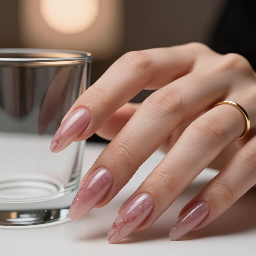 Pastel Pink Marble with White Glitter Overlay for a Touch of Sparkle - pink short classy marble nails