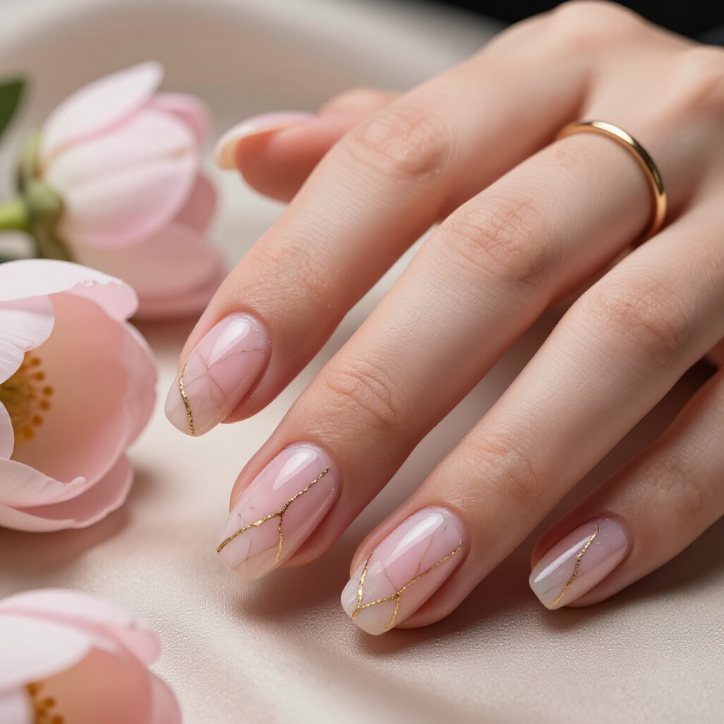 Soft Peach and Pink Marble with a Hint of Gold Flakes - pink short simple marble nails Soft Peach and Pink Marble with a Hint of Gold Flakes - pink short simple marble nails