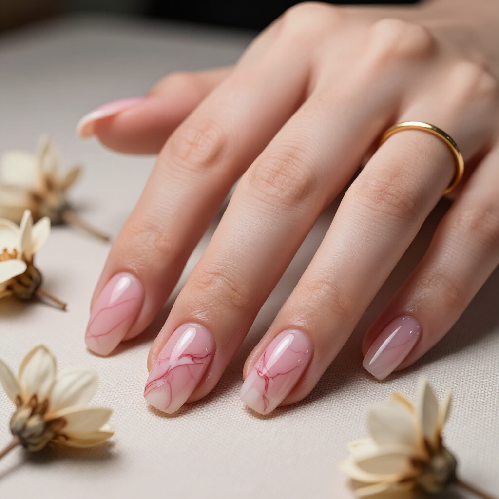 Dazzling Rose Gold Swirls on Soft Pink Marble Short Nails - pink short cute marble nails