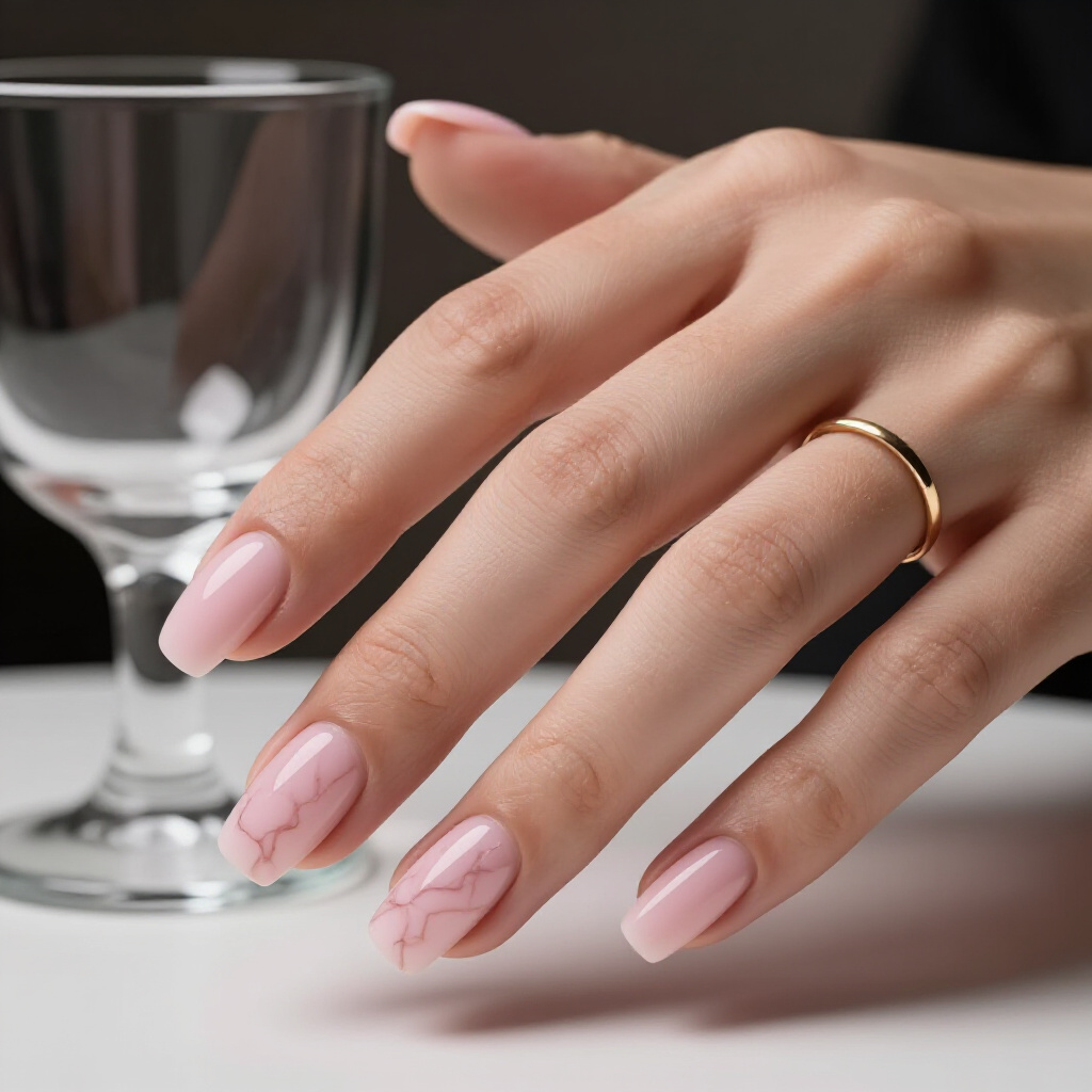 Subtle White Veining with a Touch of Glitter on Pastel Pink Short Nails - pink short cute marble nails