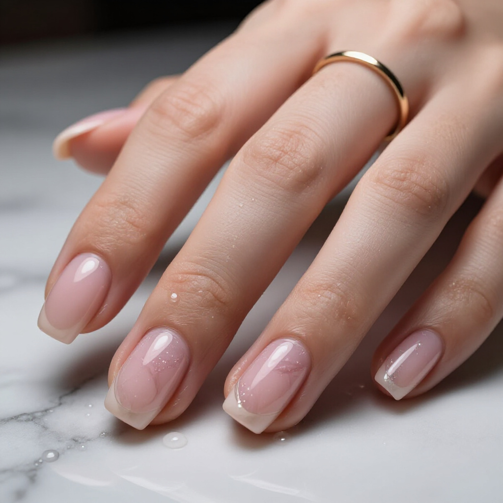 Delicate Blush Pink with Gold Flakes for Elegant Short Marble Nails - pink short cute marble nails