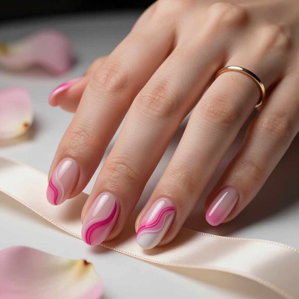 Milky Pink with Silver Chrome Swirls for a Futuristic Marble Effect - pink short cute marble nails