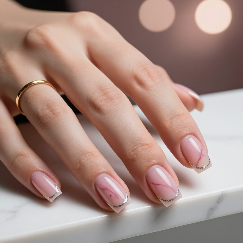 Cotton Candy Pink with White Marble and Diamond Dust Accent - pink short cute marble nails