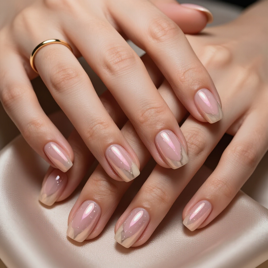Sheer Pink with Gold Marble Inclusions for a Delicate Touch - pink short cute marble nails