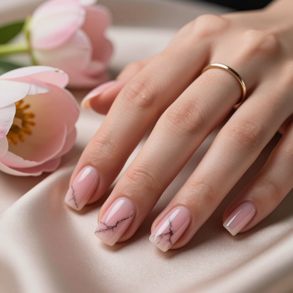 Matte Finish Pink Marble with Subtle Black Veining - pink short cute marble nails