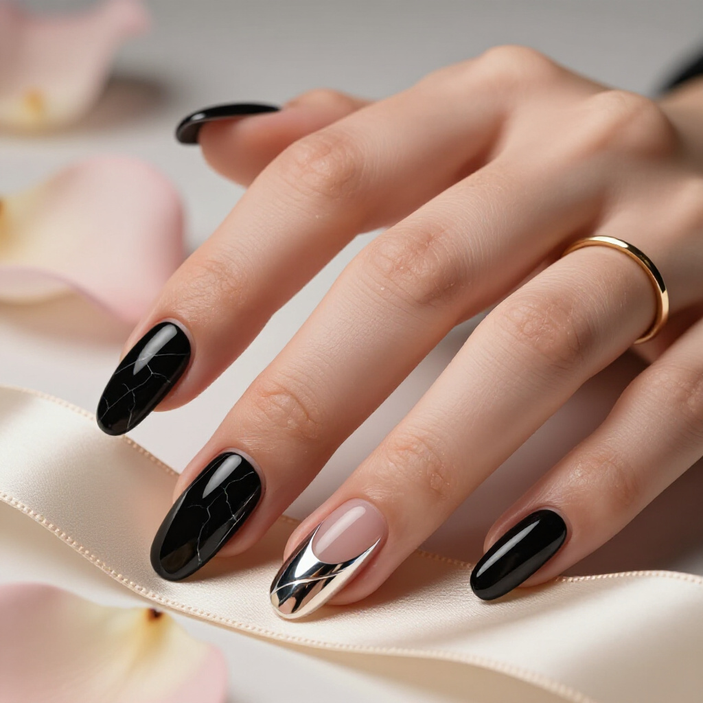 Subtle Elegance: Soft Black and White Almond Marble with Delicate Silver Swirls - black almond marble nails Subtle Elegance: Soft Black and White Almond Marble with Delicate Silver Swirls - black almond marble nails