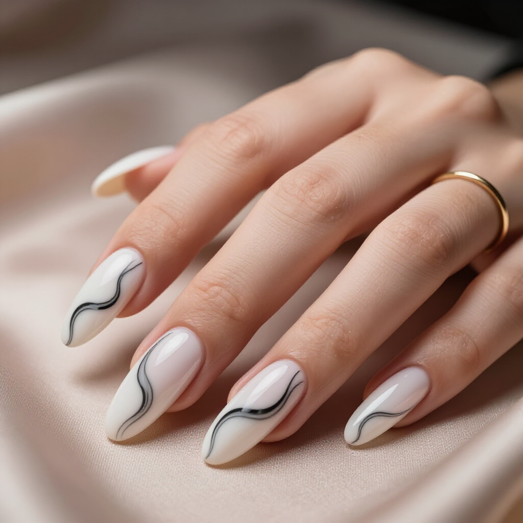 Glossy Black Almond Marble Nails with a High-Shine Finish for Day or Night - black almond marble nails Glossy Black Almond Marble Nails with a High-Shine Finish for Day or Night - black almond marble nails