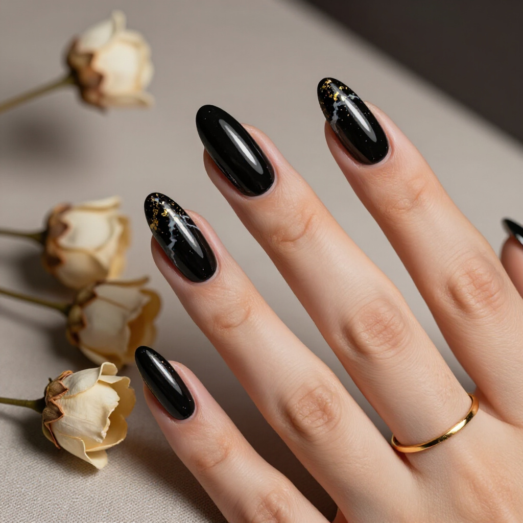Matte Black Almond Marble Nails with a Sophisticated, Velvety Texture - black almond marble nails Matte Black Almond Marble Nails with a Sophisticated, Velvety Texture - black almond marble nails