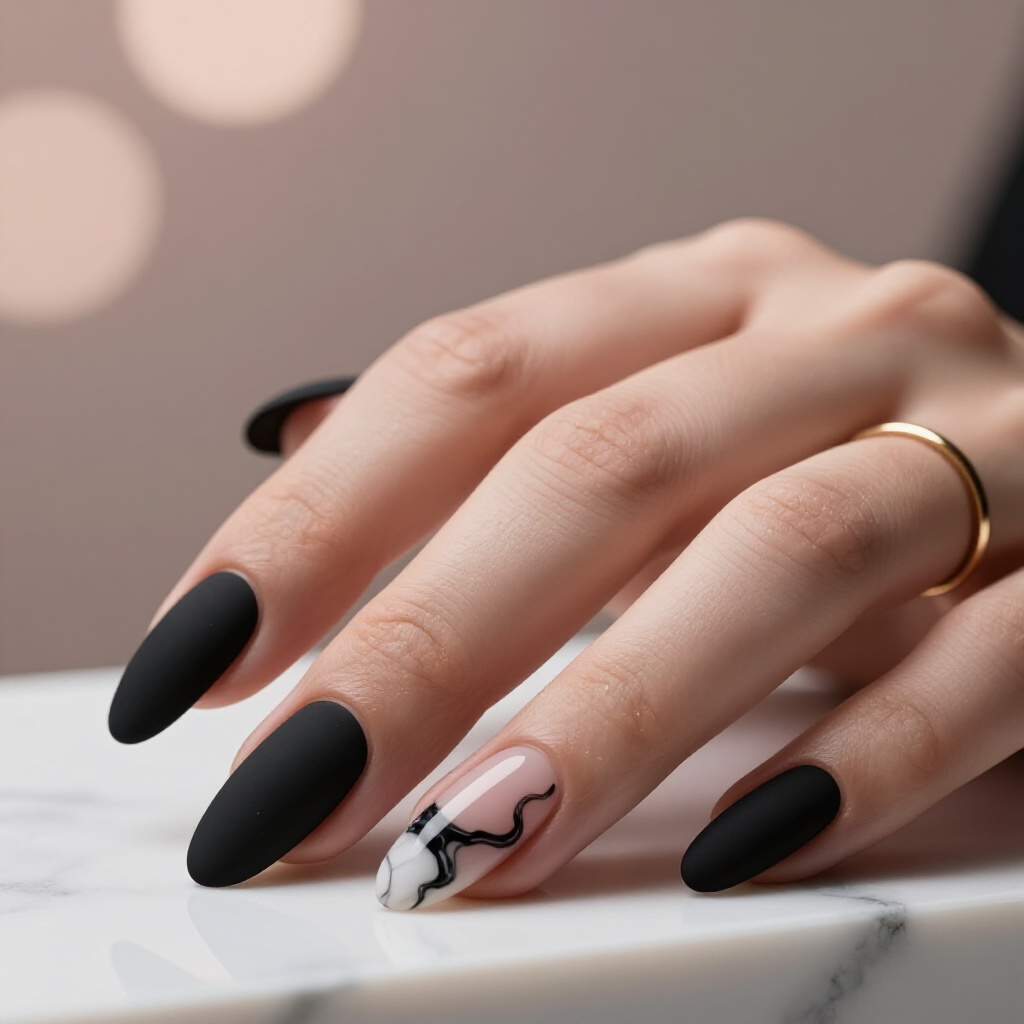 Chic Black Almond Marble Nails Featuring Accents of Rose Gold Metallic - black almond marble nails Chic Black Almond Marble Nails Featuring Accents of Rose Gold Metallic - black almond marble nails
