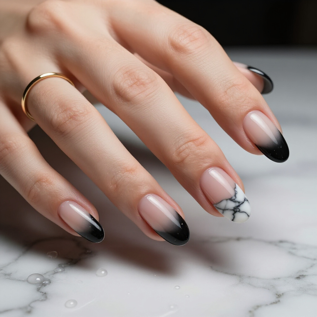 The Allure of Onyx: Deep Black Almond Marble with Subtle White Wisps - black almond marble nails The Allure of Onyx: Deep Black Almond Marble with Subtle White Wisps - black almond marble nails
