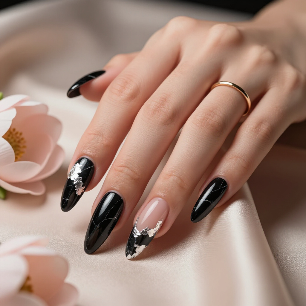 Edgy Black Almond Marble Nails with Sharp Pointed Almond Shape - black almond marble nails Edgy Black Almond Marble Nails with Sharp Pointed Almond Shape - black almond marble nails