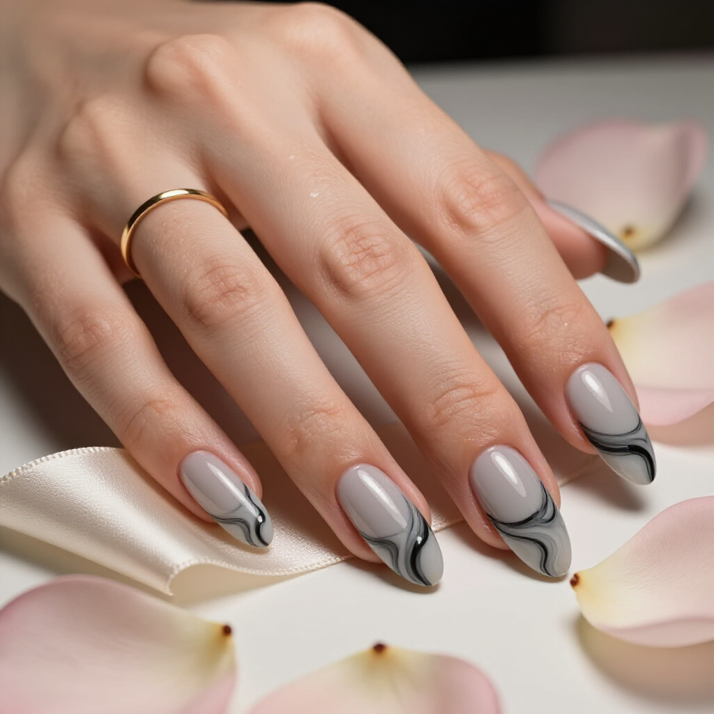 Subtle Sparkle: Black Almond Marble Nails with Fine Glitter Accents - black almond marble nails Subtle Sparkle: Black Almond Marble Nails with Fine Glitter Accents - black almond marble nails