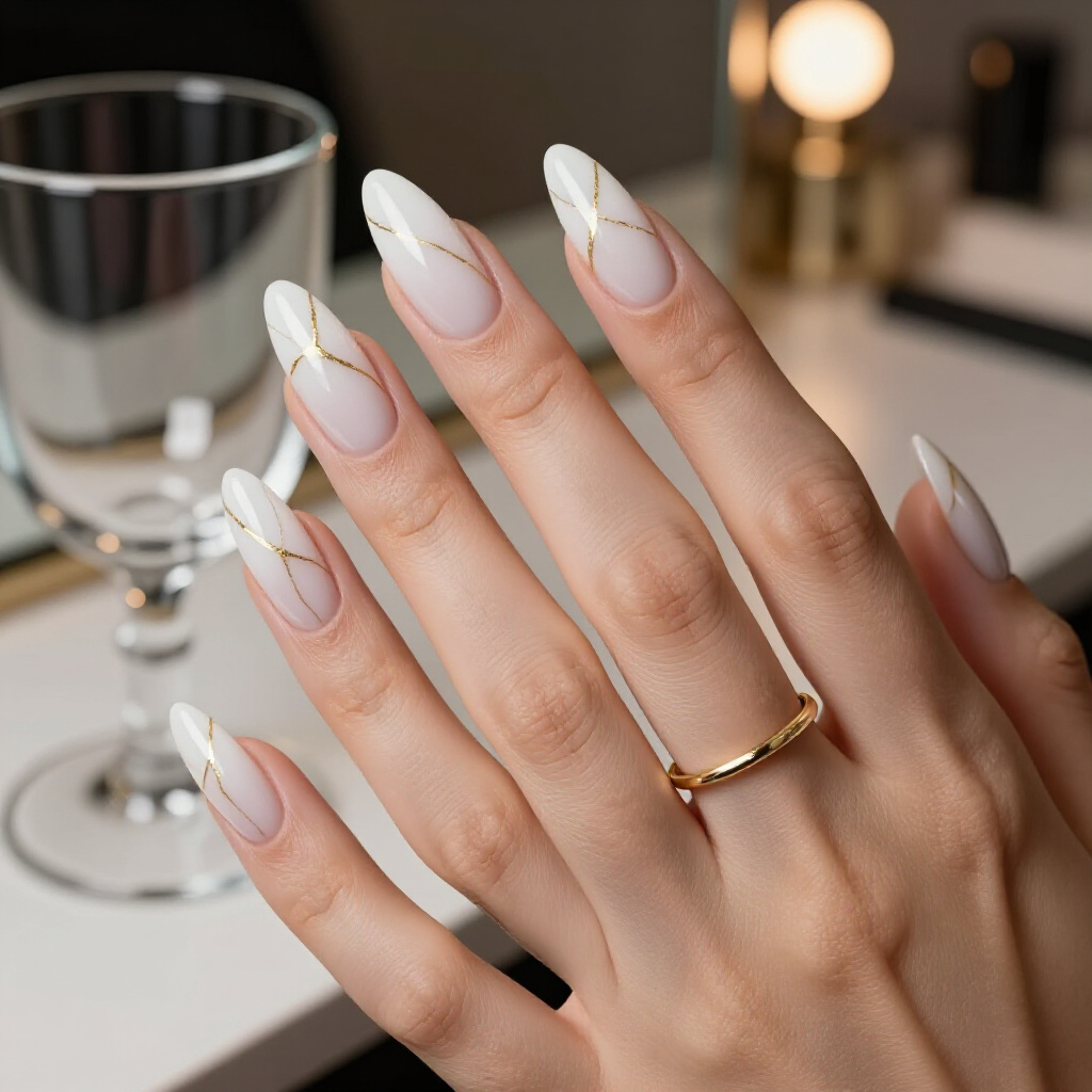 Chic White Almond Marble Nails with Subtle Gold Foil Accents for a Touch of Glamour - white almond marble nails