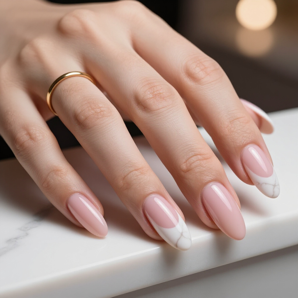Elegant White Almond Marble Nails with Delicate Rose Gold Veining for a Romantic Touch - white almond marble nails