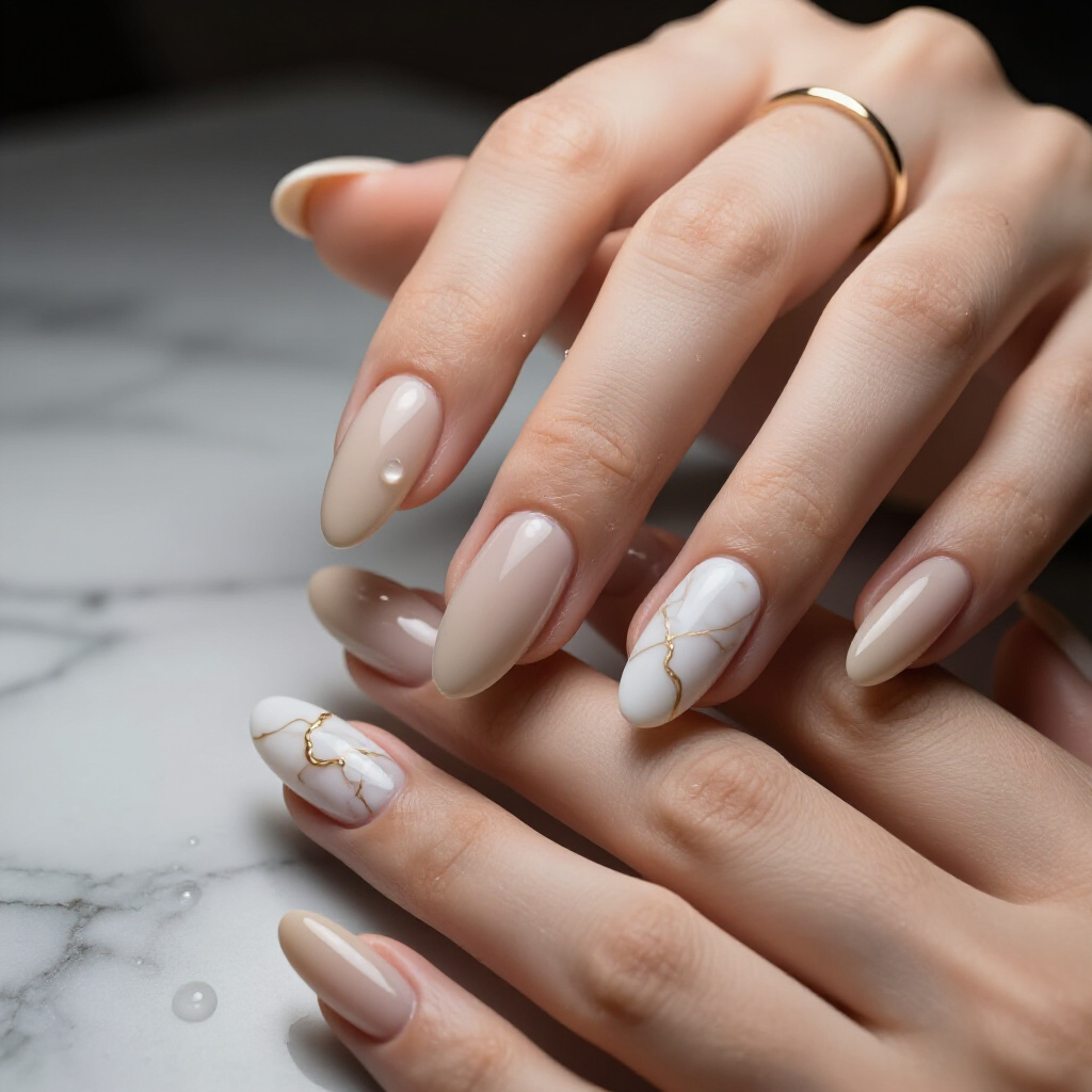 Modern White Almond Marble Nails Featuring Bold Black Swirls and a Matte Finish - white almond marble nails