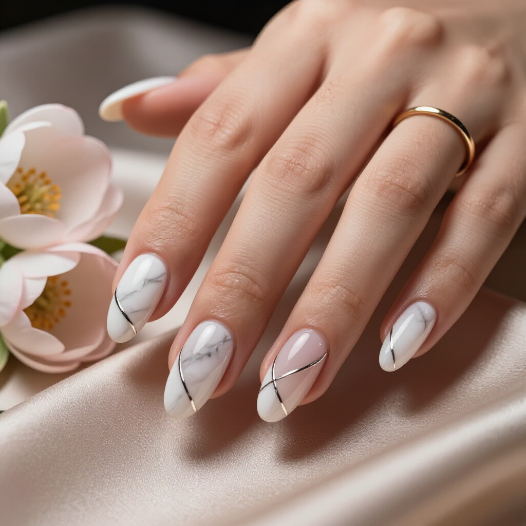 Sheer White Almond Marble Nails with a Milky White Base and Subtle Grey Veining - white almond marble nails