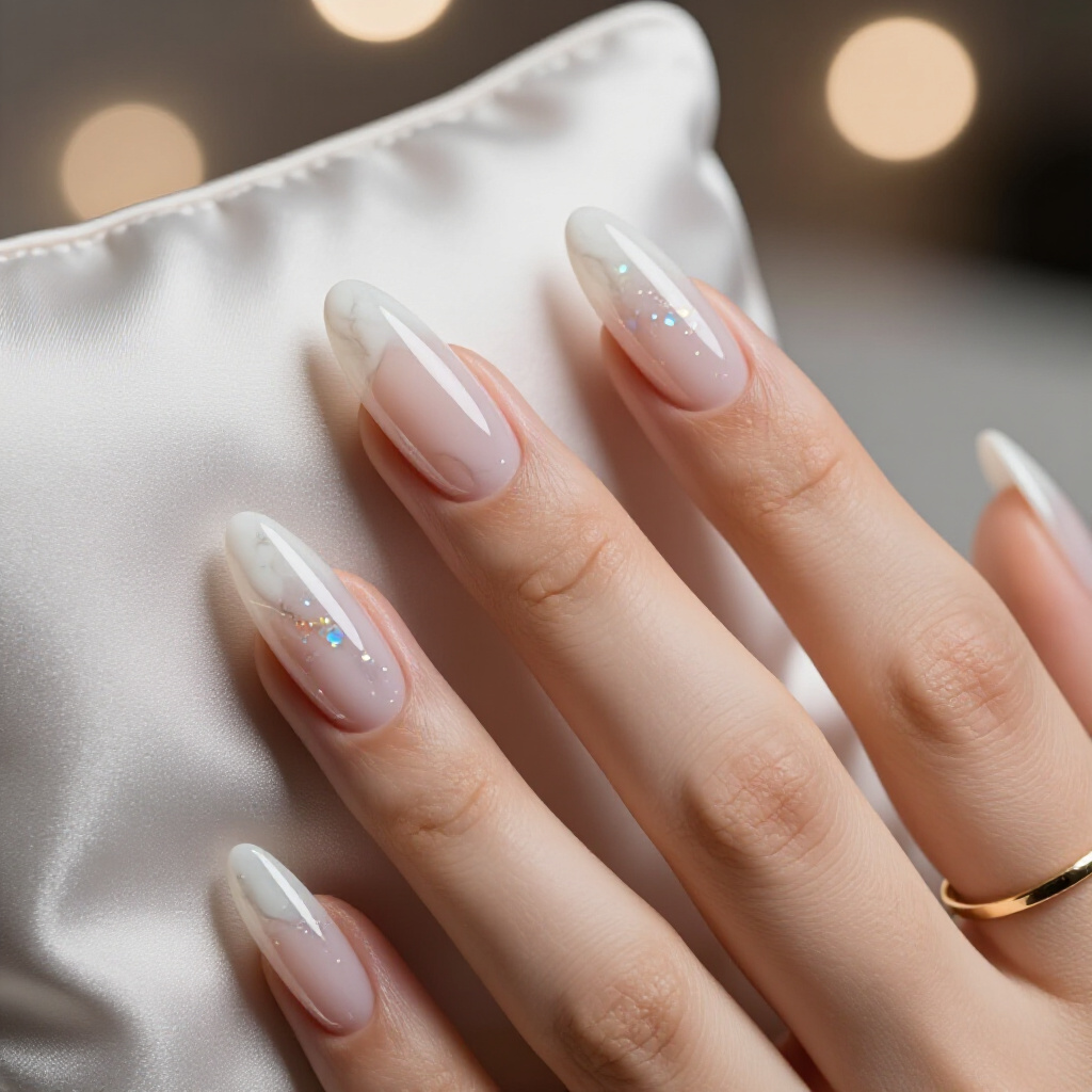 Classic White Almond Marble Nails with a High-Gloss Finish for Timeless Sophistication - white almond marble nails