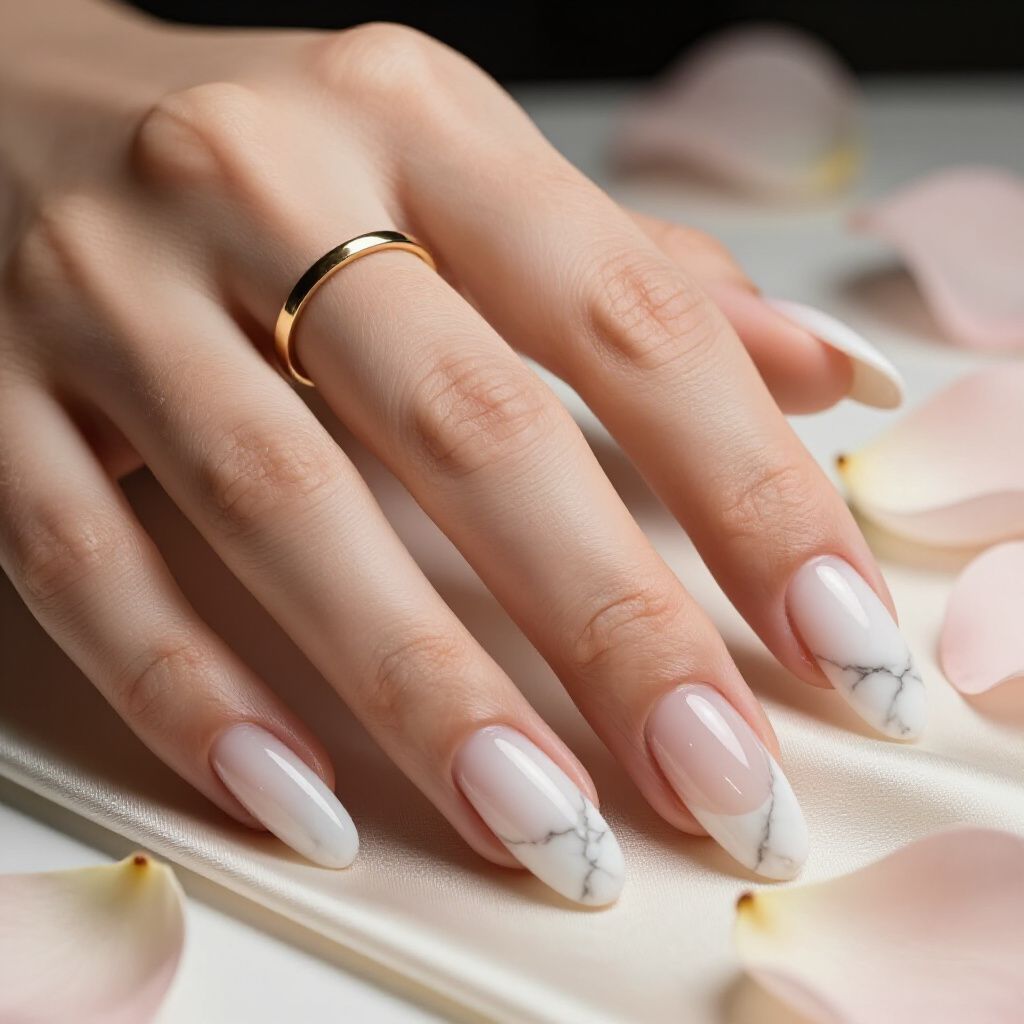 White Almond Marble Nails with Delicate Pastel Accents for a Subtle Pop of Colour - white almond marble nails