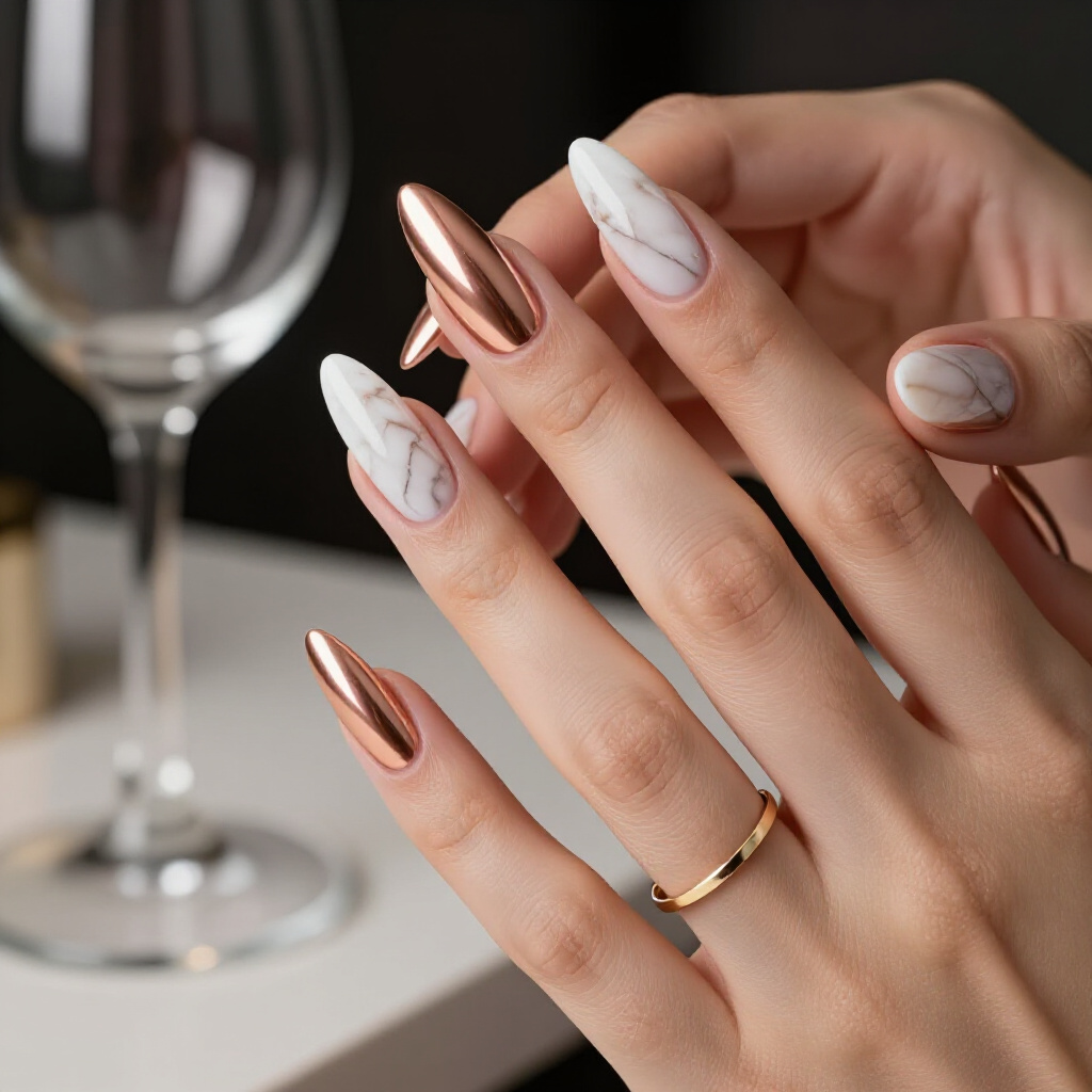 Chic White Almond Marble Nails Featuring Contrasting Black Tips for a Modern Twist - white almond marble nails