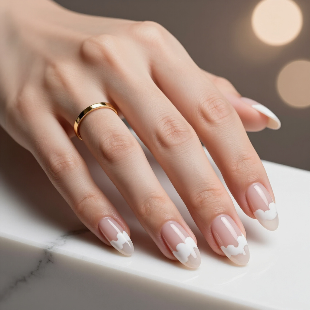 Pearlescent White Almond Marble Nails with a Shimmering, Iridescent Finish - white almond marble nails