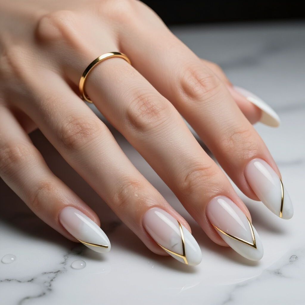 Minimalist White Almond Marble Nails with Ultra-Fine Grey Lines for Subtle Elegance - white almond marble nails