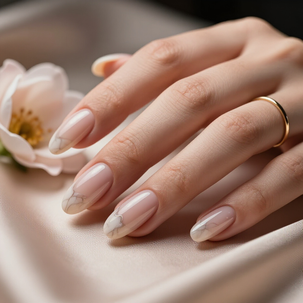 Chic Rose Gold Swirls on a Soft Nude Almond Marble Base - nude almond marble nails