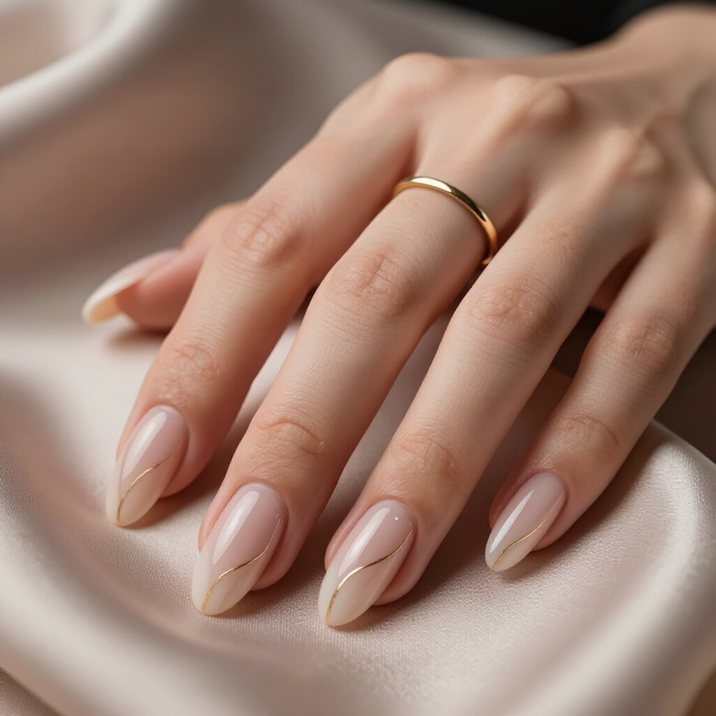 Minimalist White Veining on a Peachy Nude Almond Marble Canvas - nude almond marble nails
