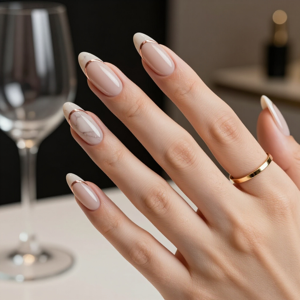 Deep Espresso Swirls for a Bold Nude Almond Marble Statement - nude almond marble nails