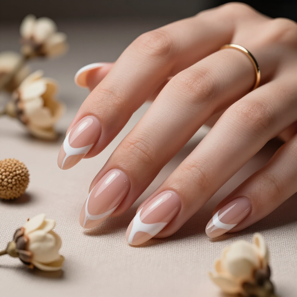 Subtle Gold Leaf Inclusions in a Creamy Nude Almond Marble Design - nude almond marble nails