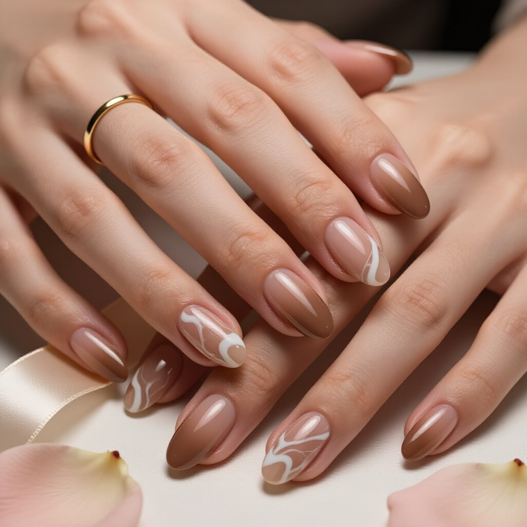 Milky White Veining on a Barely-There Nude Almond Marble - nude almond marble nails