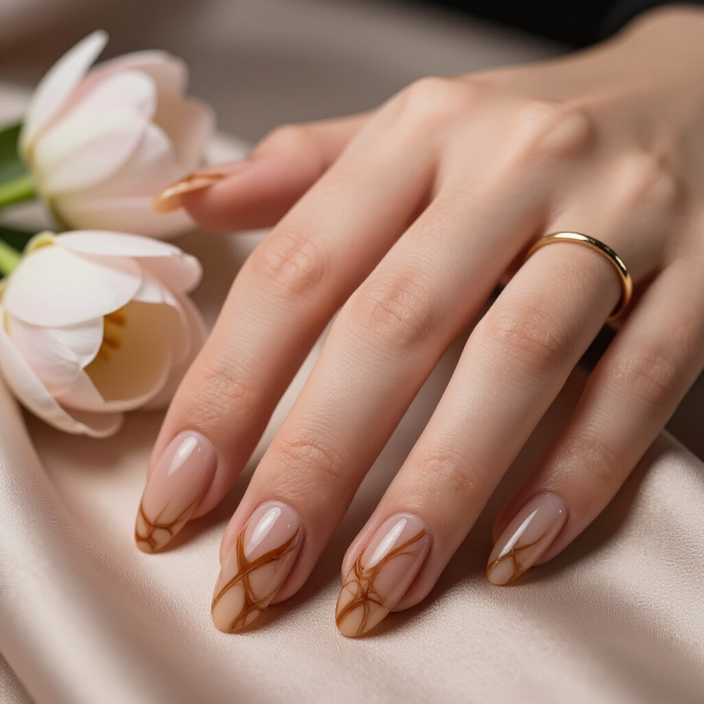 Matte Finish Nude Almond Marble with Subtle Gold Flecks for Texture - nude almond marble nails