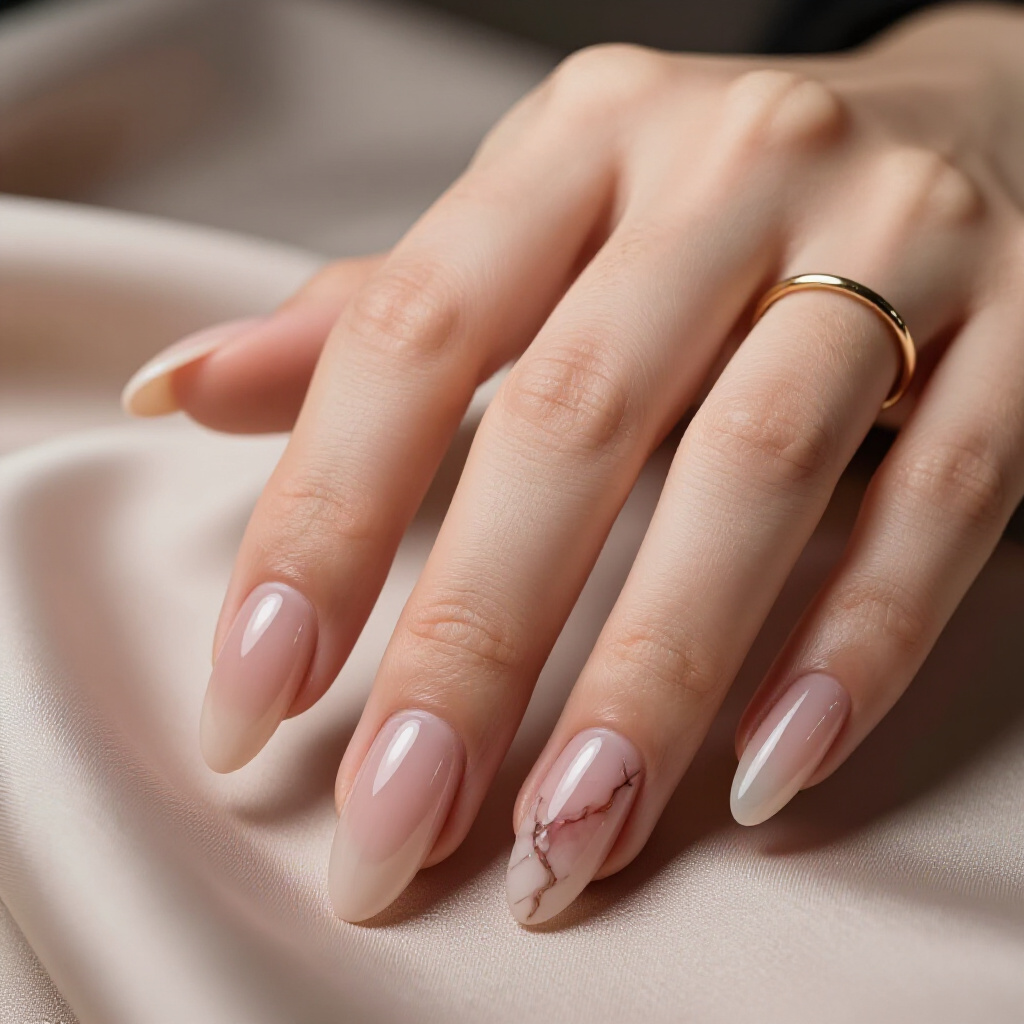 Monochromatic Grey Tones within a Soft Nude Almond Marble Pattern - nude almond marble nails